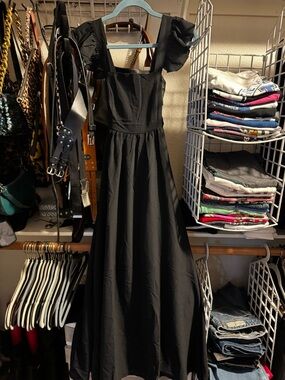 Black Square-Neck Ruffle Sleeve Maxi Dress